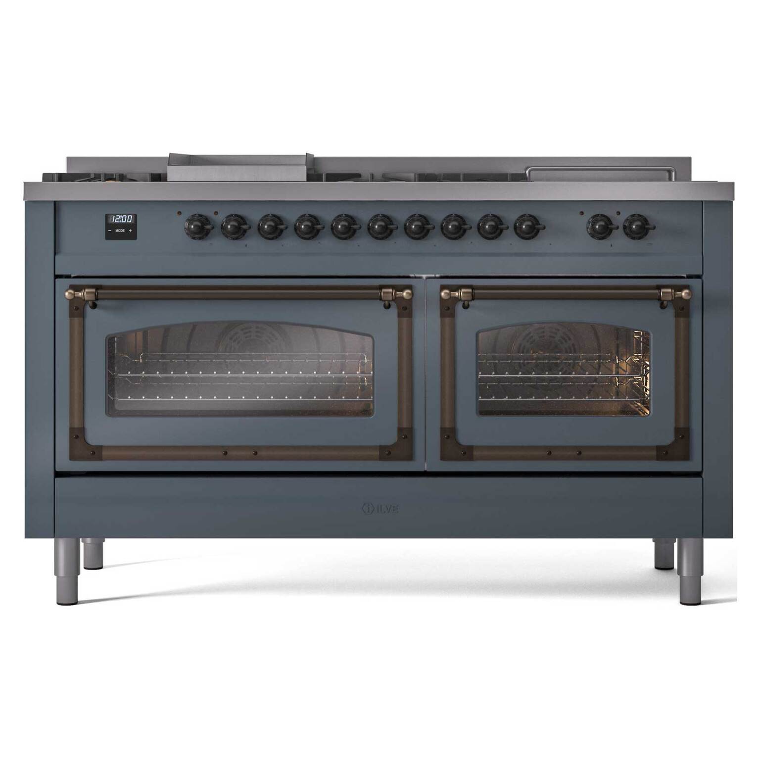 Blue-grey dual fuel range with both oven doors open and bronze-trim controls above.