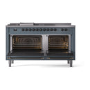 ILVE 60-Inch Nostalgie II Noblesse Propane Gas Dual Fuel Range with 7 Sealed Burners, Griddle, French Top and Triple Glass Door Oven in Blue Grey with Bronze Trim (UN60FSNMPBGBLP)