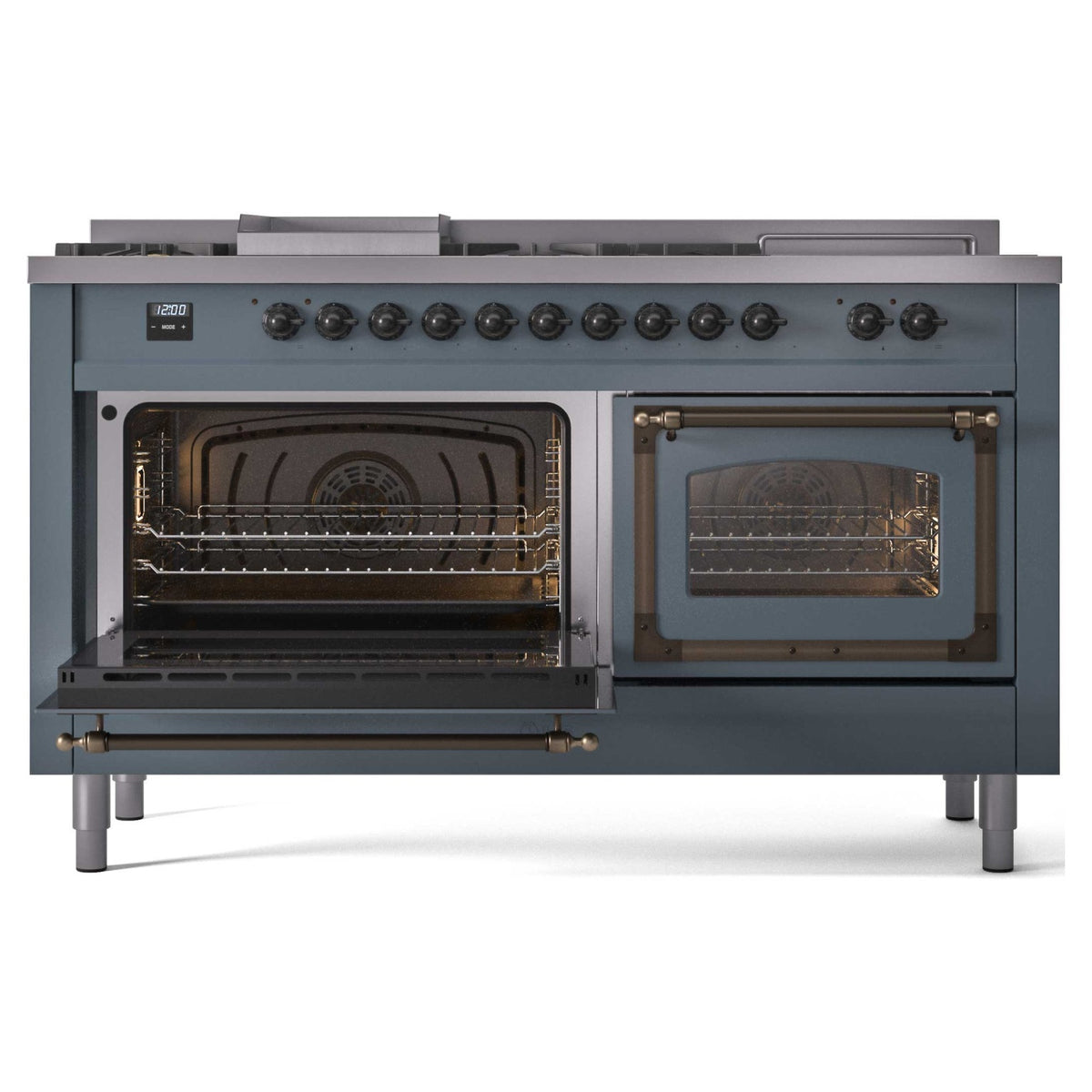 Blue grey dual-fuel range with oven compartments open and burner control knobs