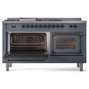 ILVE 60-Inch Nostalgie II Noblesse Propane Gas Dual Fuel Range with 7 Sealed Burners, Griddle, French Top and Triple Glass Door Oven in Blue Grey with Bronze Trim (UN60FSNMPBGBLP)