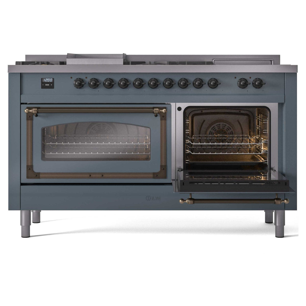 Blue-grey dual fuel range with one oven door open and the other oven glass window visible.