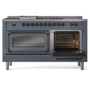 ILVE 60-Inch Nostalgie II Noblesse Natural Gas Dual Fuel Range with 7 Sealed Burners, Griddle, French Top and Triple Glass Door Oven in Blue Grey with Bronze Trim (UN60FSNMPBGB)
