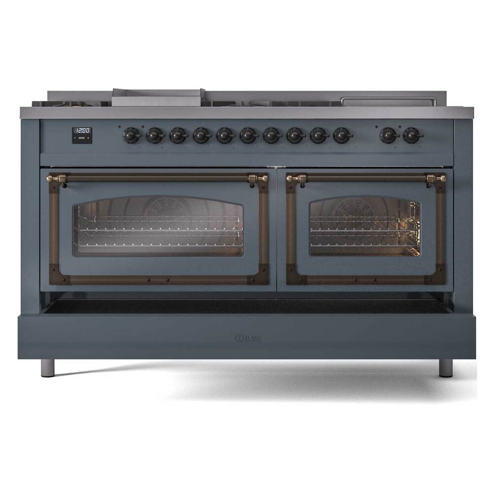 Blue grey dual-fuel range with two oven windows and a row of sealed burner controls