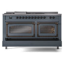 ILVE 60-Inch Nostalgie II Noblesse Propane Gas Dual Fuel Range with 7 Sealed Burners, Griddle, French Top and Triple Glass Door Oven in Blue Grey with Bronze Trim (UN60FSNMPBGBLP)