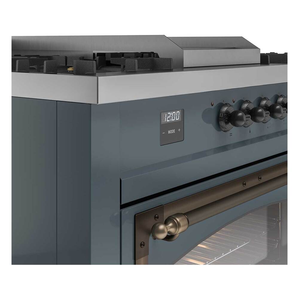 Blue grey range control panel with digital display and bronze-colored oven knob