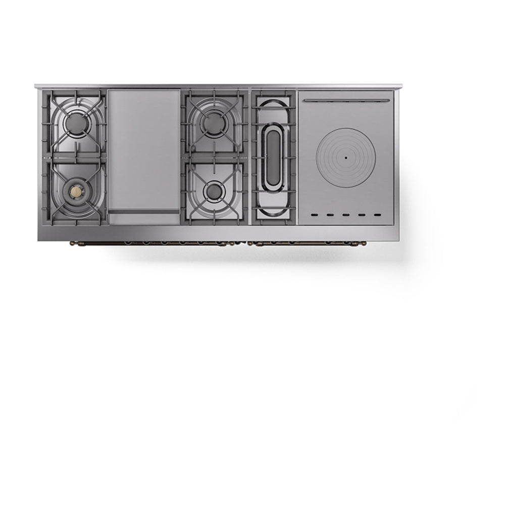 Dual-fuel range underside layout view showing burner grates and heating elements