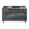 ILVE 60-Inch Nostalgie II Noblesse Dual Fuel Range with 7 Sealed Burners, Griddle, French Top and Triple Glass Door Oven in Blue Grey with Bronze Trim (UN60FSNMPBGB)