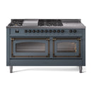 ILVE 60-Inch Nostalgie II Noblesse Natural Gas Dual Fuel Range with 7 Sealed Burners, Griddle, French Top and Triple Glass Door Oven in Blue Grey with Bronze Trim (UN60FSNMPBGB)