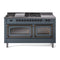 ILVE 60-Inch Nostalgie II Noblesse Natural Gas Dual Fuel Range with 7 Sealed Burners, Griddle, French Top and Triple Glass Door Oven in Blue Grey with Bronze Trim (UN60FSNMPBGB)