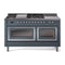 ILVE 60-Inch Nostalgie II Noblesse Natural Gas Dual Fuel Range with 7 Sealed Burners, Griddle, French Top and Triple Glass Door Oven in Blue Grey with Chrome Trim (UN60FSNMPBGC)