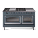 ILVE 60-Inch Nostalgie II Noblesse Propane Gas Dual Fuel Range with 7 Sealed Burners, Griddle, French Top and Triple Glass Door Oven in Blue Grey with Chrome Trim (UN60FSNMPBGCLP)