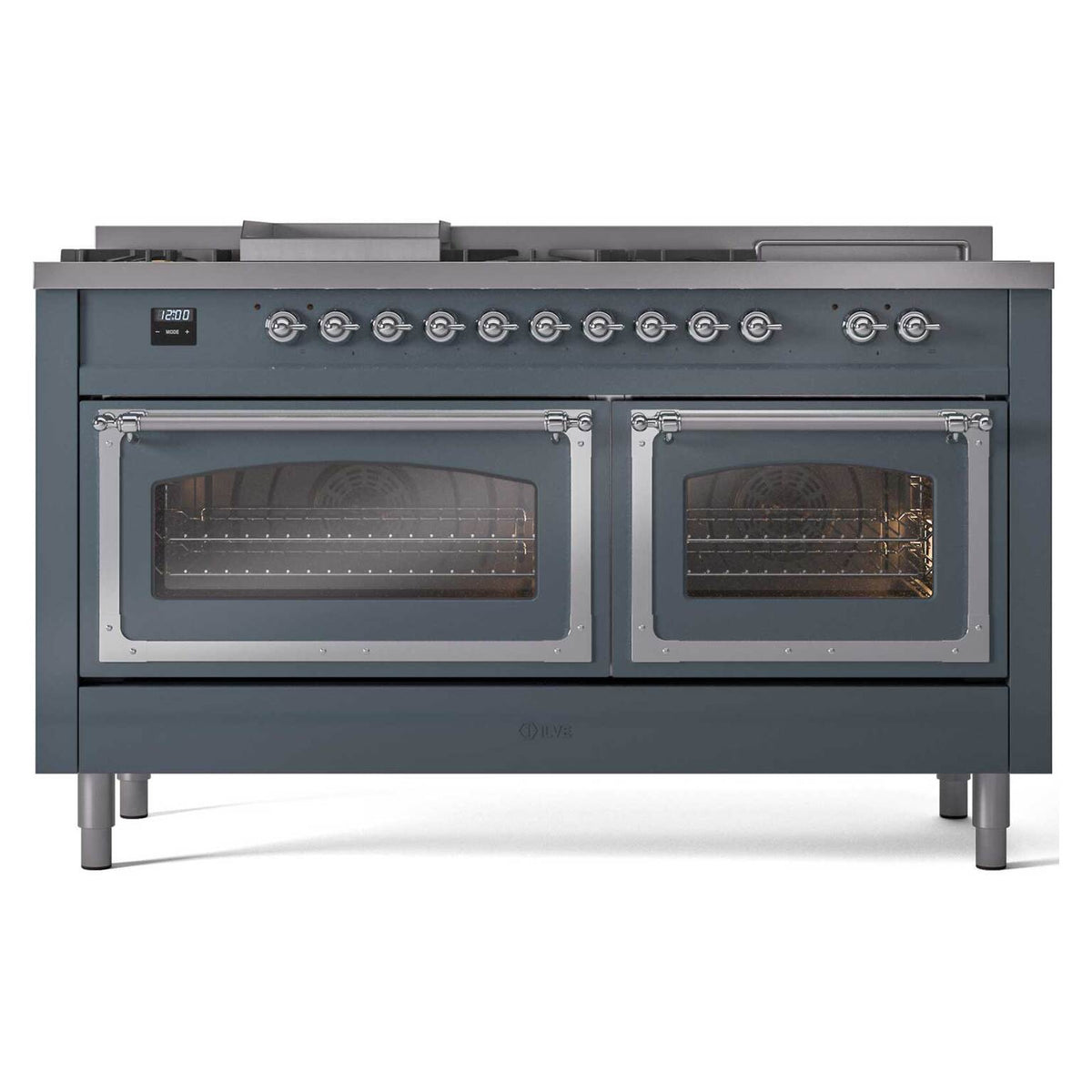 Blue grey range showing two oven compartments with glass doors and chrome trim