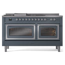 ILVE 60-Inch Nostalgie II Noblesse Natural Gas Dual Fuel Range with 7 Sealed Burners, Griddle, French Top and Triple Glass Door Oven in Blue Grey with Chrome Trim (UN60FSNMPBGC)