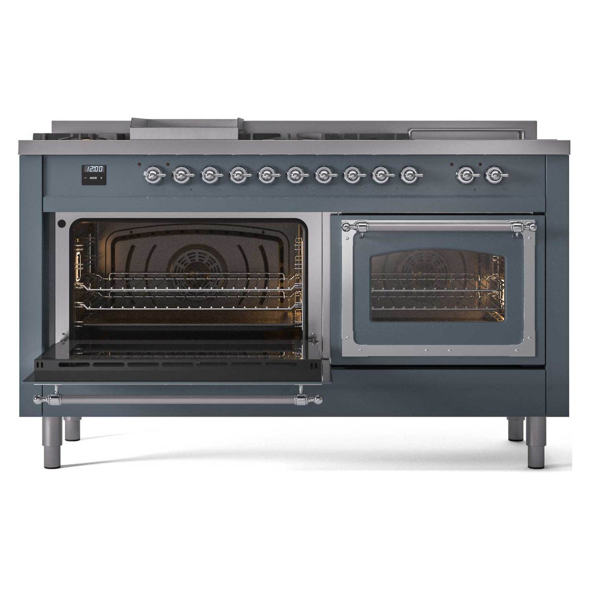 Blue grey range with both ovens open, left and right heating elements and racks