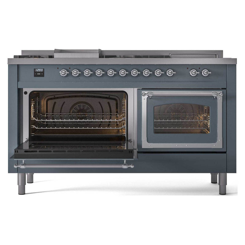 ILVE 60-Inch Nostalgie II Noblesse Dual Fuel Range with 7 Sealed Burners, Griddle, French Top and Triple Glass Door Oven in Blue Grey with Chrome Trim (UN60FSNMPBGC)
