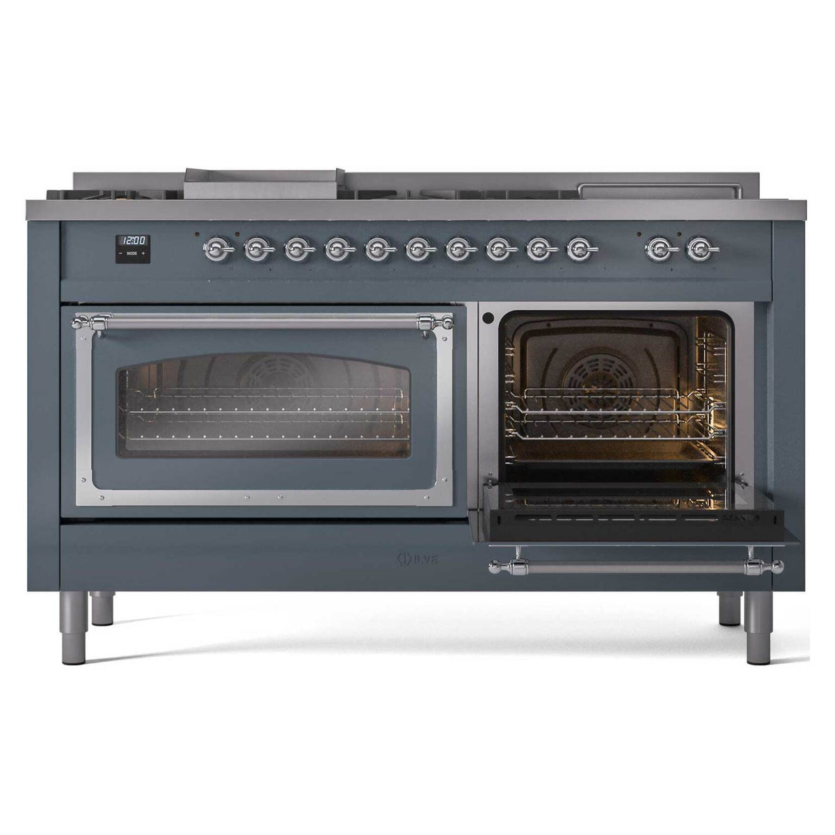 Blue grey range with left oven open, heating coils and interior rack visible