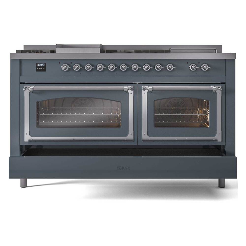 Blue grey dual fuel range front with two glass oven doors and chrome trim details