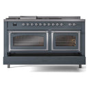 ILVE 60-Inch Nostalgie II Noblesse Natural Gas Dual Fuel Range with 7 Sealed Burners, Griddle, French Top and Triple Glass Door Oven in Blue Grey with Chrome Trim (UN60FSNMPBGC)