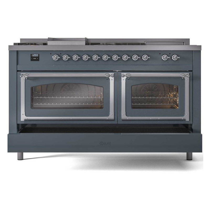 ILVE 60-Inch Nostalgie II Noblesse Dual Fuel Range with 7 Sealed Burners, Griddle, French Top and Triple Glass Door Oven in Blue Grey with Chrome Trim (UN60FSNMPBGC)