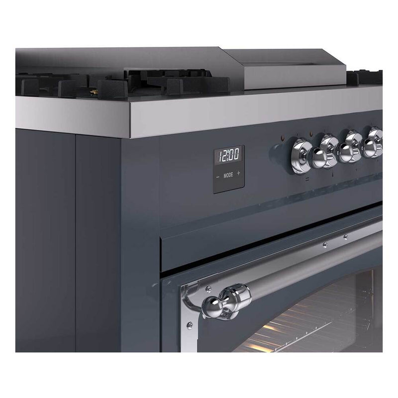 ILVE 60-Inch Nostalgie II Noblesse Dual Fuel Range with 7 Sealed Burners, Griddle, French Top and Triple Glass Door Oven in Blue Grey with Chrome Trim (UN60FSNMPBGC)