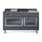 ILVE 60-Inch Nostalgie II Noblesse Dual Fuel Range with 7 Sealed Burners, Griddle, French Top and Triple Glass Door Oven in Blue Grey with Chrome Trim (UN60FSNMPBGC)