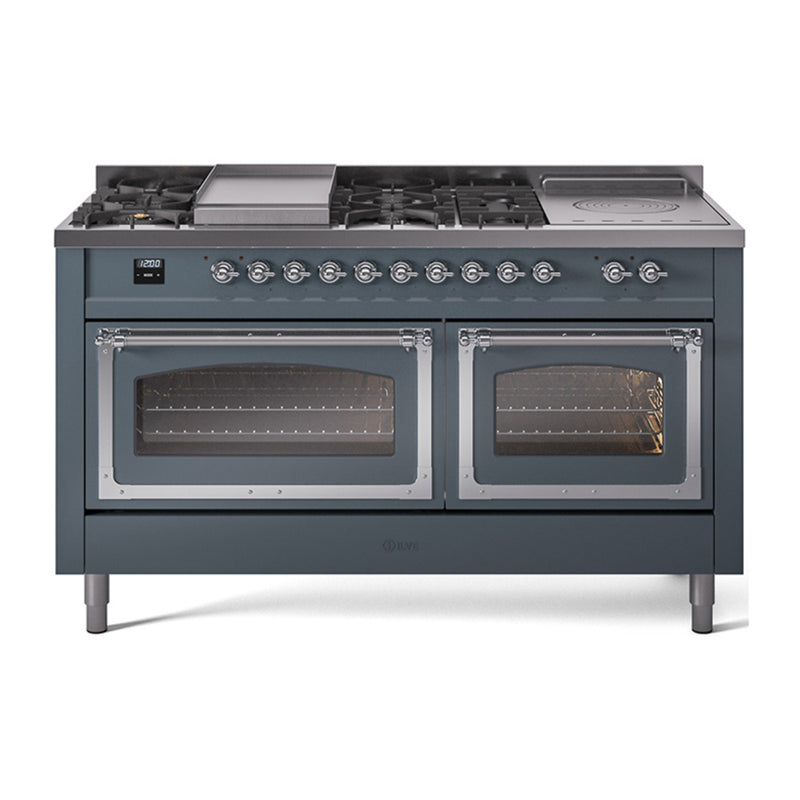 ILVE 60-Inch Nostalgie II Noblesse Dual Fuel Range with 7 Sealed Burners, Griddle, French Top and Triple Glass Door Oven in Blue Grey with Chrome Trim (UN60FSNMPBGC)