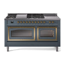 ILVE 60-Inch Nostalgie II Noblesse Propane Gas Dual Fuel Range with 7 Sealed Burners, Griddle, French Top and Triple Glass Door Oven in Blue Grey with Brass Trim (UN60FSNMPBGGLP)