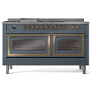ILVE 60-Inch Nostalgie II Noblesse Propane Gas Dual Fuel Range with 7 Sealed Burners, Griddle, French Top and Triple Glass Door Oven in Blue Grey with Brass Trim (UN60FSNMPBGGLP)