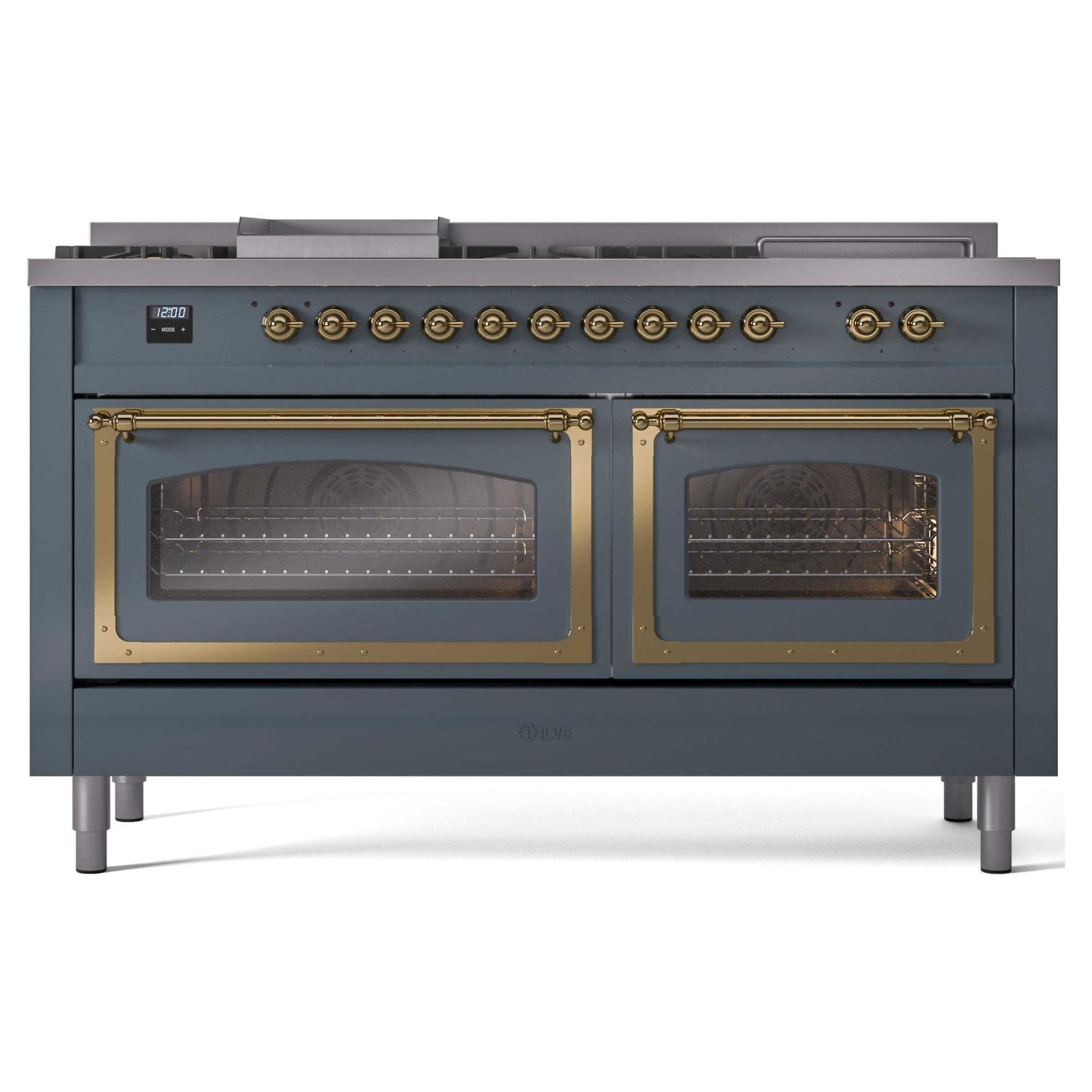 Blue grey dual fuel range front with brass knobs and two visible oven windows behind glass.