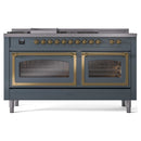ILVE 60-Inch Nostalgie II Noblesse Natural Gas Dual Fuel Range with 7 Sealed Burners, Griddle, French Top and Triple Glass Door Oven in Blue Grey with Brass Trim (UN60FSNMPBGG)