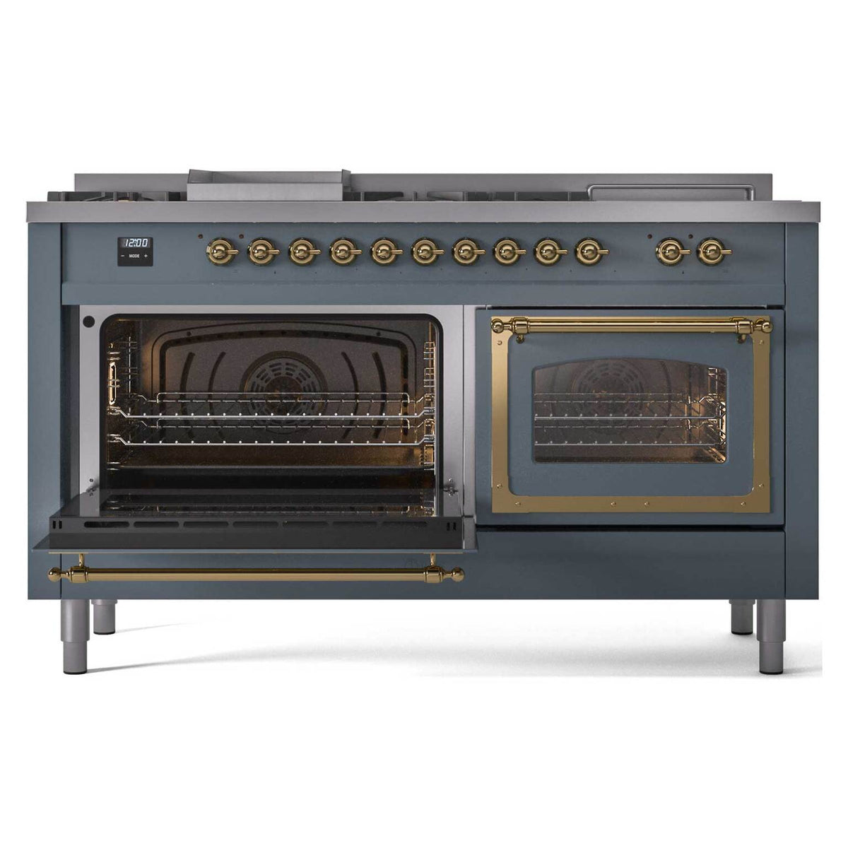 Blue grey dual fuel range with left oven open and right door window, racks visible