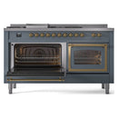 ILVE 60-Inch Nostalgie II Noblesse Natural Gas Dual Fuel Range with 7 Sealed Burners, Griddle, French Top and Triple Glass Door Oven in Blue Grey with Brass Trim (UN60FSNMPBGG)