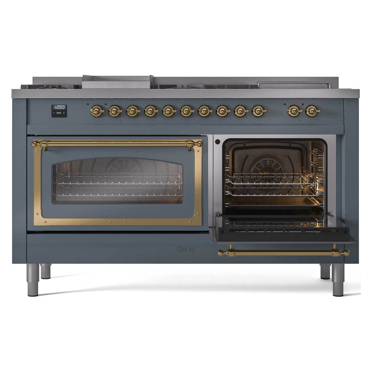 Blue grey dual fuel range with left oven window and right oven door open, burners shown