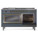 ILVE 60-Inch Nostalgie II Noblesse Propane Gas Dual Fuel Range with 7 Sealed Burners, Griddle, French Top and Triple Glass Door Oven in Blue Grey with Brass Trim (UN60FSNMPBGGLP)