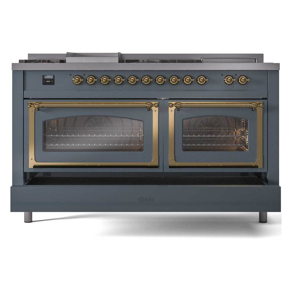Blue grey dual fuel range with two oven doors and brass trim around door frames