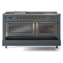 ILVE 60-Inch Nostalgie II Noblesse Natural Gas Dual Fuel Range with 7 Sealed Burners, Griddle, French Top and Triple Glass Door Oven in Blue Grey with Brass Trim (UN60FSNMPBGG)