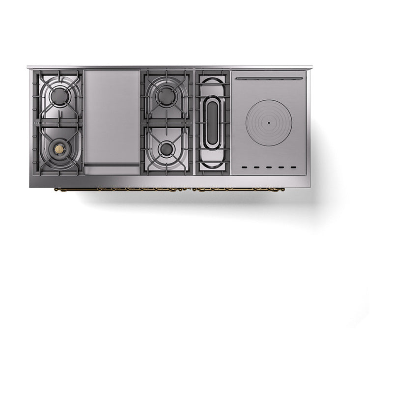 Underside view of range rear components with burner layout and round plate detail