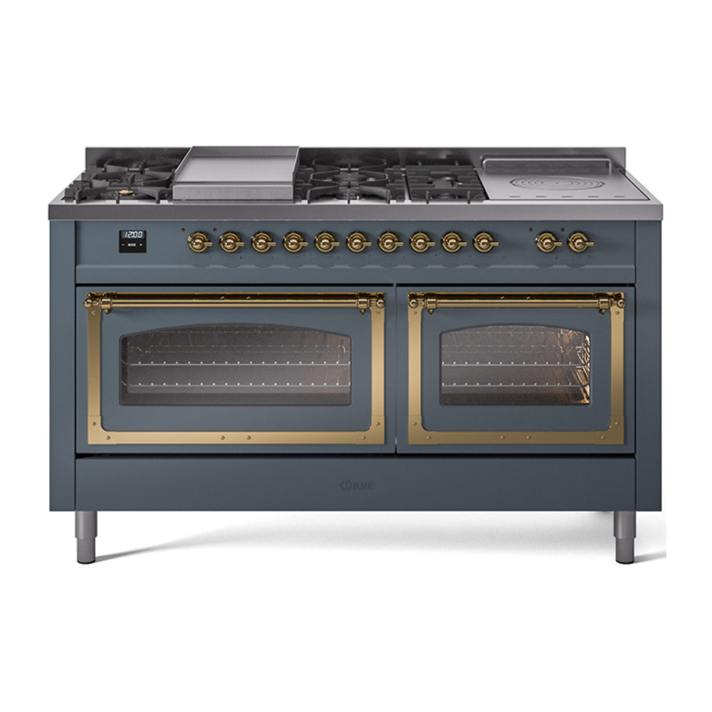Blue grey dual fuel range with brass-trimmed burners and two closed triple-glass ovens.