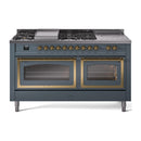 ILVE 60-Inch Nostalgie II Noblesse Natural Gas Dual Fuel Range with 7 Sealed Burners, Griddle, French Top and Triple Glass Door Oven in Blue Grey with Brass Trim (UN60FSNMPBGG)