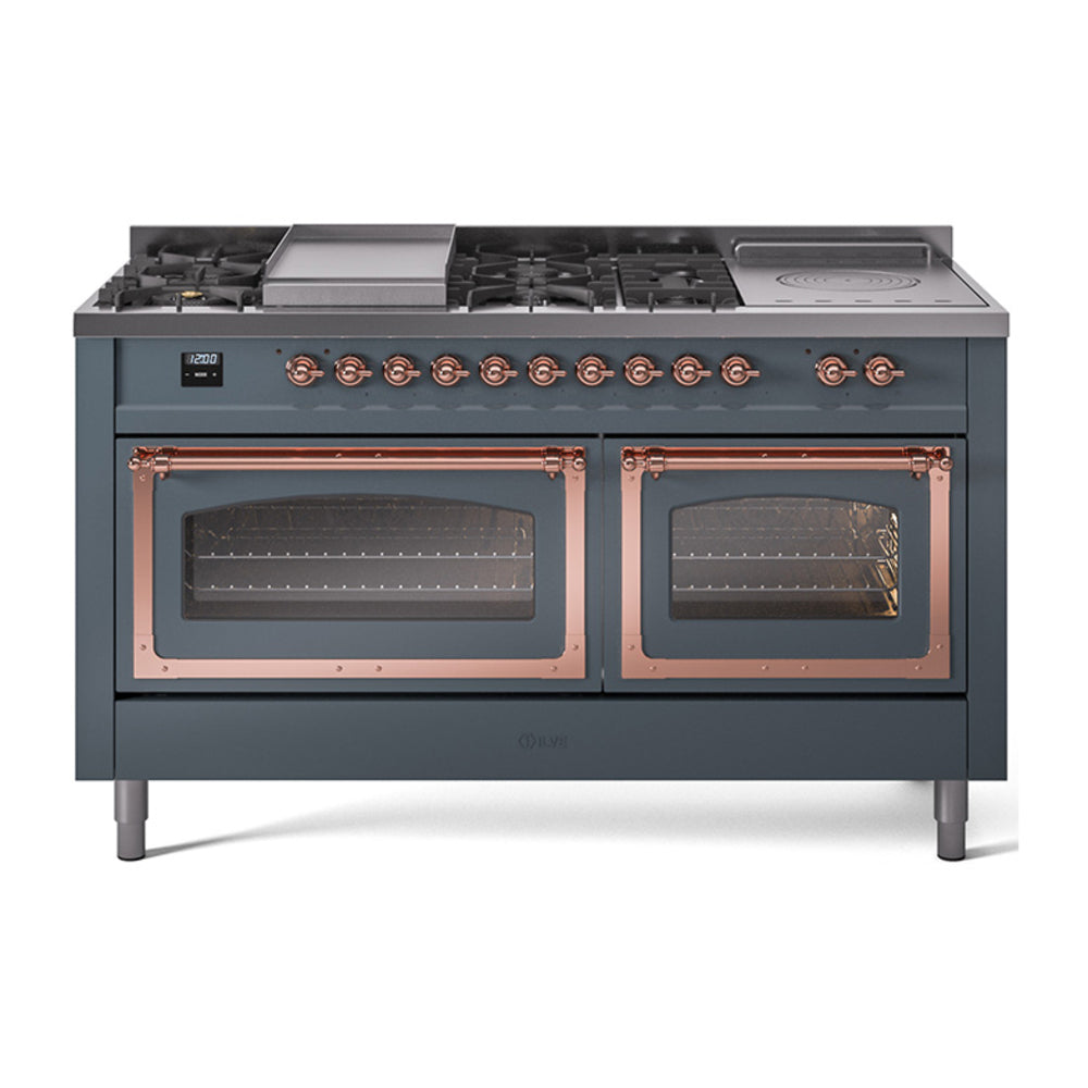 Blue-grey dual fuel range with copper-trim control knobs, two oven windows, and top burners