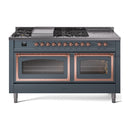 ILVE 60-Inch Nostalgie II Noblesse Propane Gas Dual Fuel Range with 7 Sealed Burners, Griddle, French Top and Triple Glass Door Oven in Blue Grey with Copper Trim (UN60FSNMPBGPLP)