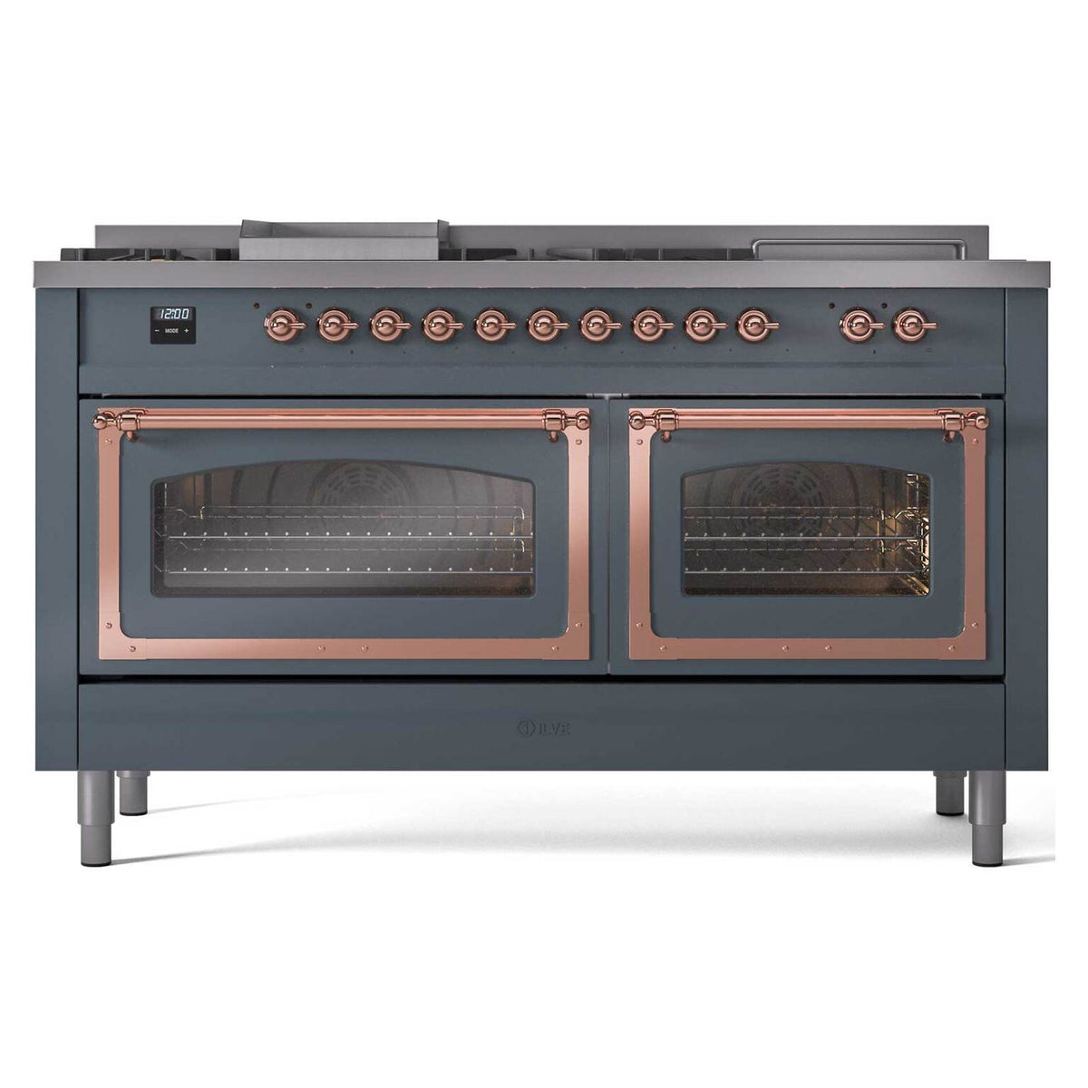 Nostalgie II dual fuel range showing two glass oven doors with copper trim and burner knobs