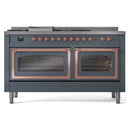 ILVE 60-Inch Nostalgie II Noblesse Propane Gas Dual Fuel Range with 7 Sealed Burners, Griddle, French Top and Triple Glass Door Oven in Blue Grey with Copper Trim (UN60FSNMPBGPLP)