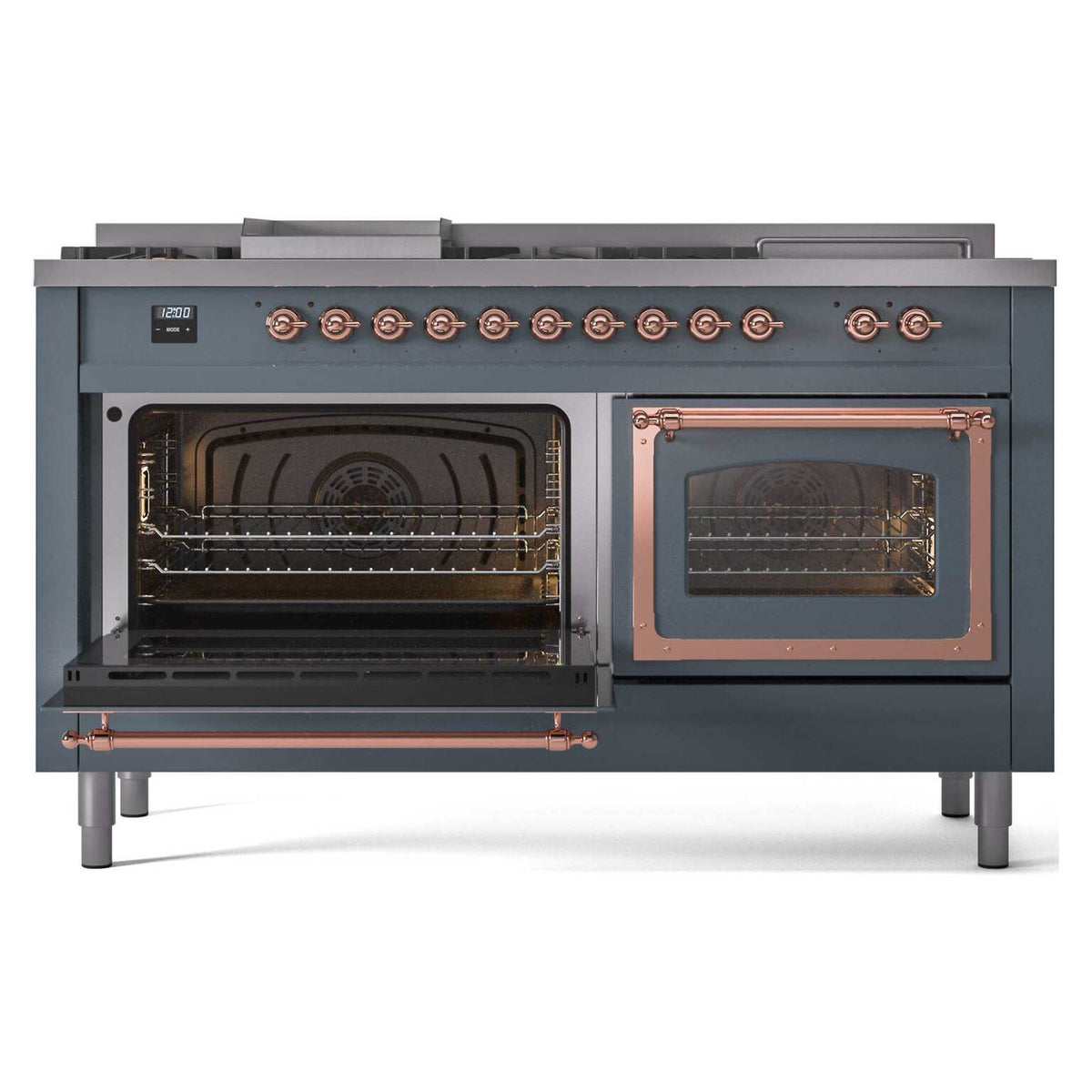 Dual fuel range with left oven open and right oven closed, copper-trimmed door handles