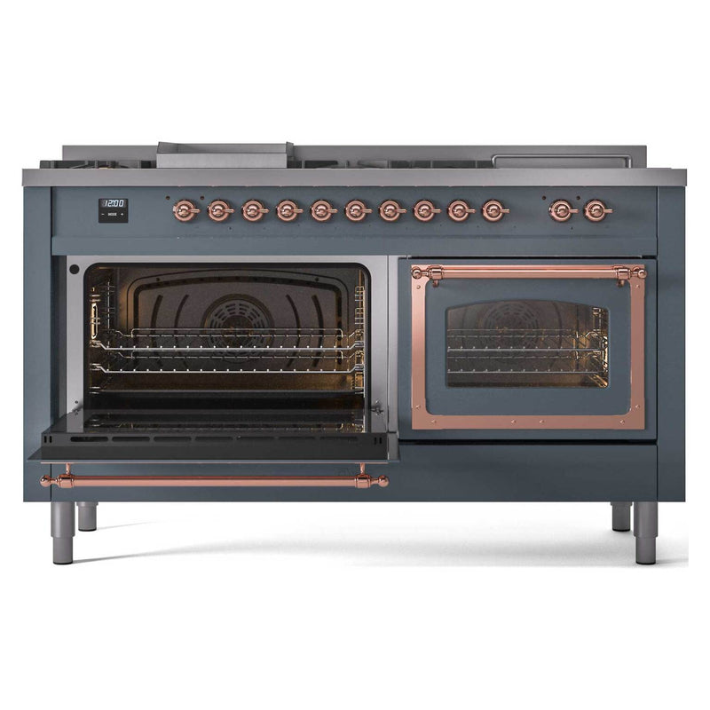 ILVE 60-Inch Nostalgie II Noblesse Dual Fuel Range with 7 Sealed Burners, Griddle, French Top and Triple Glass Door Oven in Blue Grey with Copper Trim (UN60FSNMPBGP)