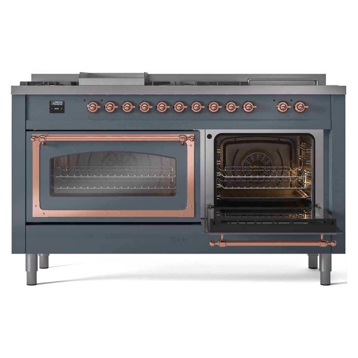 Blue grey dual fuel range with one oven door open, copper trim, and seven burner knobs