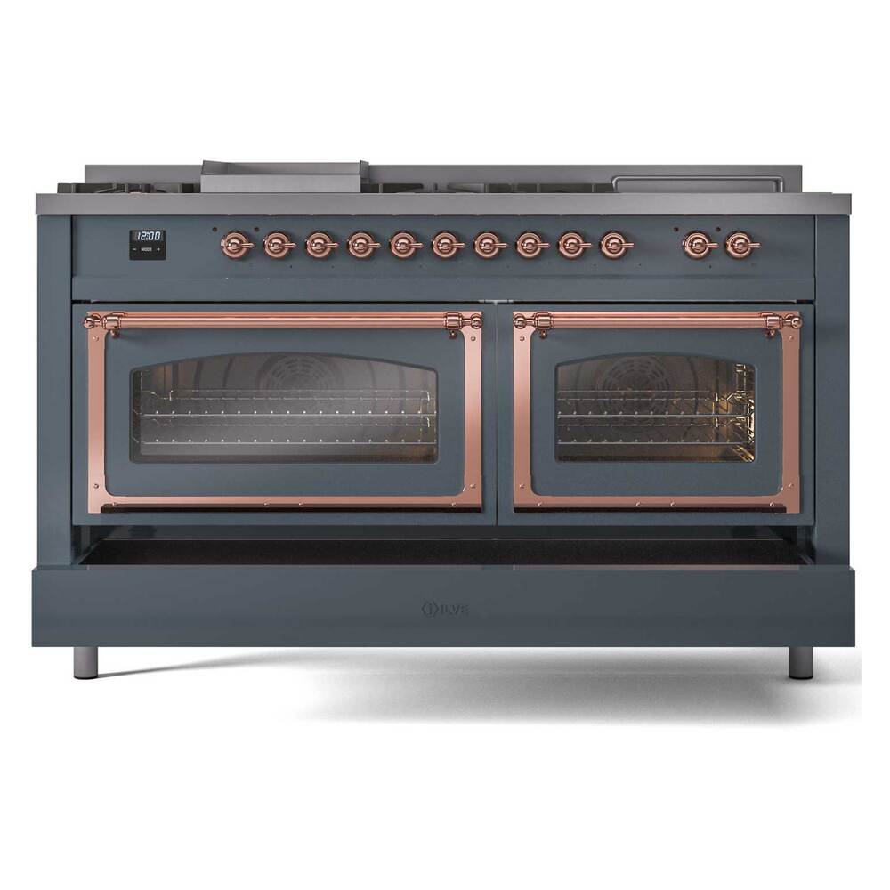 Blue grey dual fuel range with copper trim, seven burner knobs, and two closed glass oven doors