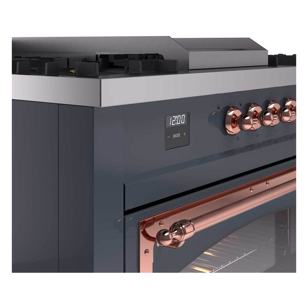 Blue grey dual fuel range control panel with display and copper burner knobs