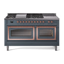 ILVE 60-Inch Nostalgie II Noblesse Natural Gas Dual Fuel Range with 7 Sealed Burners, Griddle, French Top and Triple Glass Door Oven in Blue Grey with Copper Trim (UN60FSNMPBGP)