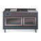 ILVE 60-Inch Nostalgie II Noblesse Natural Gas Dual Fuel Range with 7 Sealed Burners, Griddle, French Top and Triple Glass Door Oven in Blue Grey with Copper Trim (UN60FSNMPBGP)